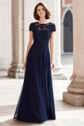 A-Line Round Neck Short Sleeve Zipper Up Floor-Length Mother of the Bride Dress