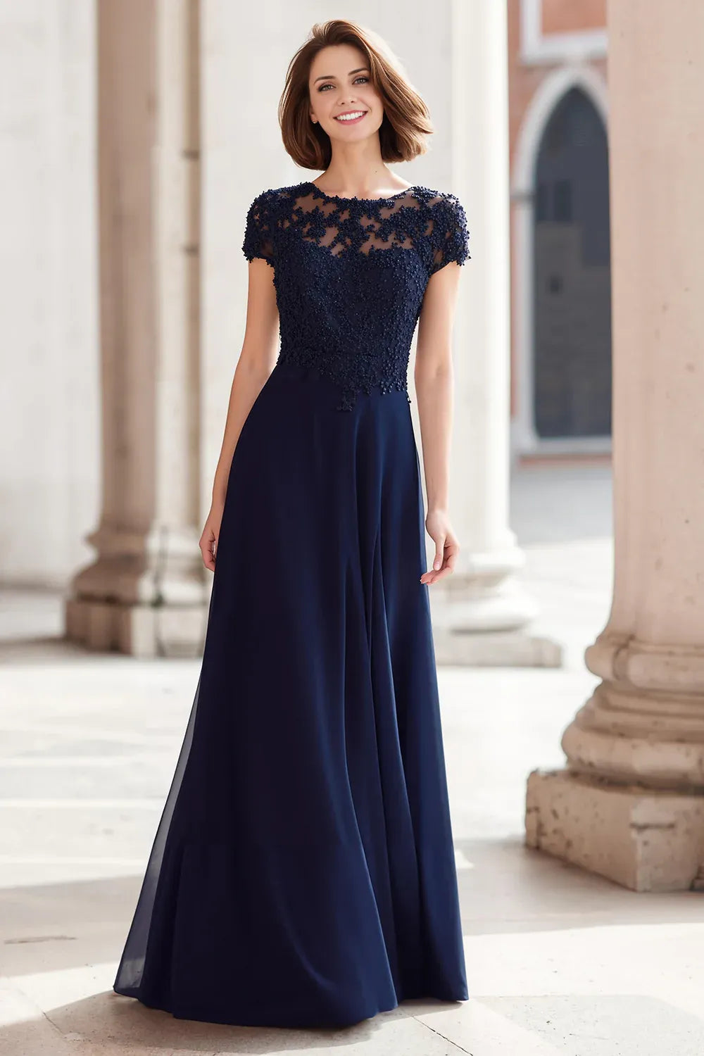 A-Line Round Neck Short Sleeve Zipper Up Floor-Length Mother of the Bride Dress