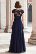 A-Line Round Neck Short Sleeve Zipper Up Floor-Length Mother of the Bride Dress