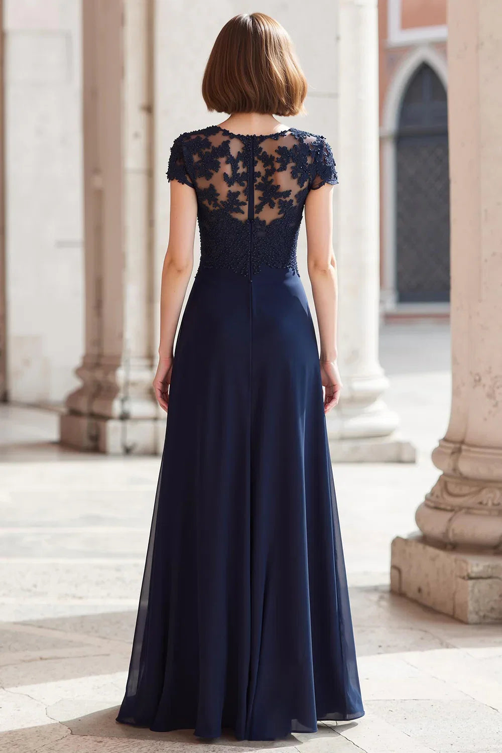 A-Line Round Neck Short Sleeve Zipper Up Floor-Length Mother of the Bride Dress