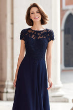 A-Line Round Neck Short Sleeve Zipper Up Floor-Length Mother of the Bride Dress