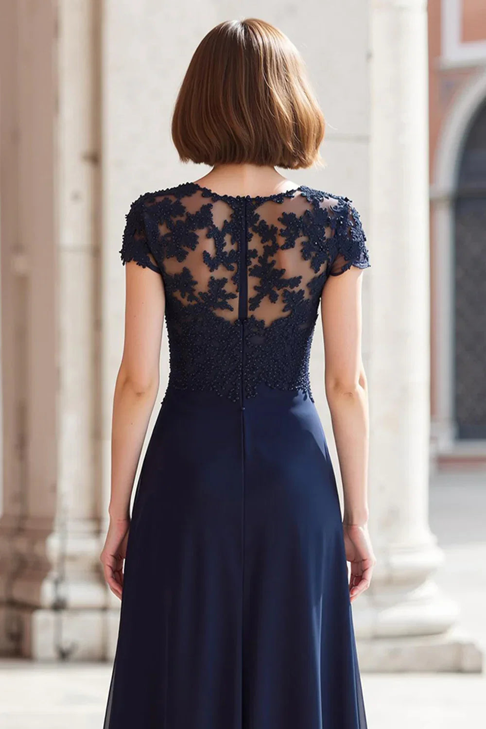 A-Line Round Neck Short Sleeve Zipper Up Floor-Length Mother of the Bride Dress