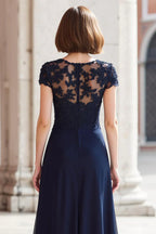 A-Line Round Neck Short Sleeve Zipper Up Floor-Length Mother of the Bride Dress