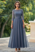 A-Line Scoop Neck 3/4 Sleeves Backless Ankle-Length Mother of the Bride Dress