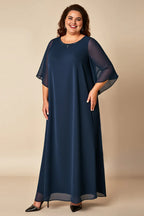 A-Line Scoop Neck Flutter Sleeves Zipper Up Floor-Length Plus Size Mother of the Bride Dress