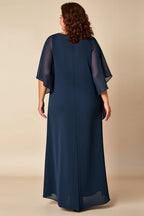 A-Line Scoop Neck Flutter Sleeves Zipper Up Floor-Length Plus Size Mother of the Bride Dress