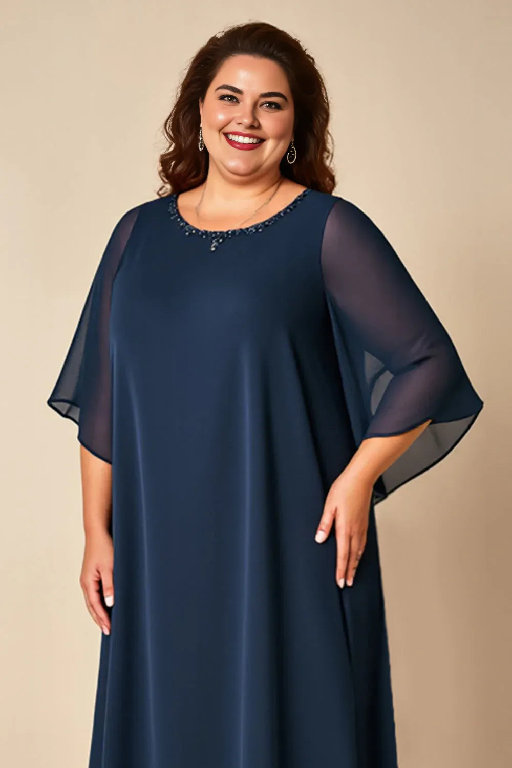 A-Line Scoop Neck Flutter Sleeves Zipper Up Floor-Length Plus Size Mother of the Bride Dress