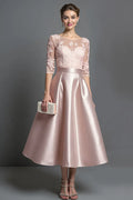 A-Line Scoop Neck Half Sleeves Tea-Length Mother of the Bride Dress