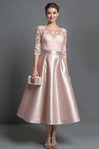 A-Line Scoop Neck Half Sleeves Tea-Length Mother of the Bride Dress