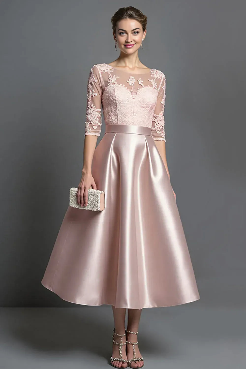 A-Line Scoop Neck Half Sleeves Tea-Length Mother of the Bride Dress