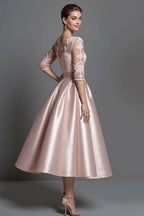 A-Line Scoop Neck Half Sleeves Tea-Length Mother of the Bride Dress