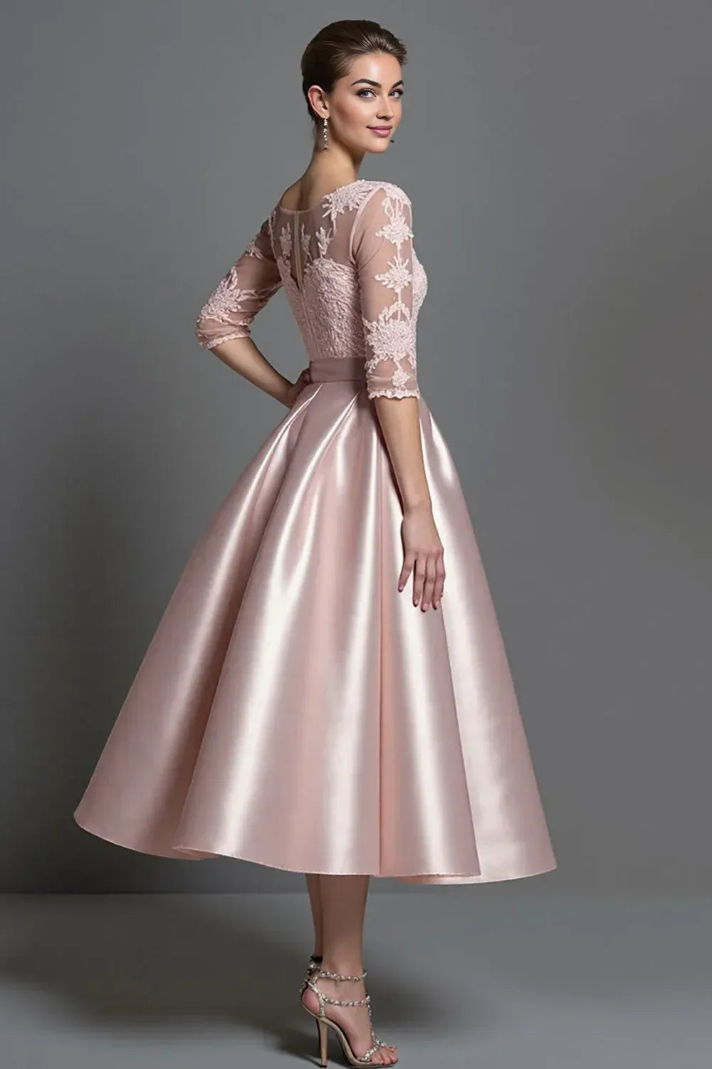 A-Line Scoop Neck Half Sleeves Tea-Length Mother of the Bride Dress