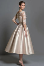 A-Line Scoop Neck Half Sleeves Tea-Length Mother of the Bride Dress