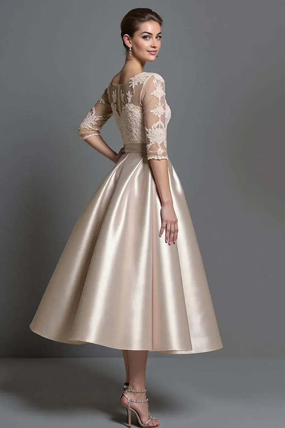 A-Line Scoop Neck Half Sleeves Tea-Length Mother of the Bride Dress
