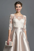 A-Line Scoop Neck Half Sleeves Tea-Length Mother of the Bride Dress