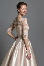 A-Line Scoop Neck Half Sleeves Tea-Length Mother of the Bride Dress