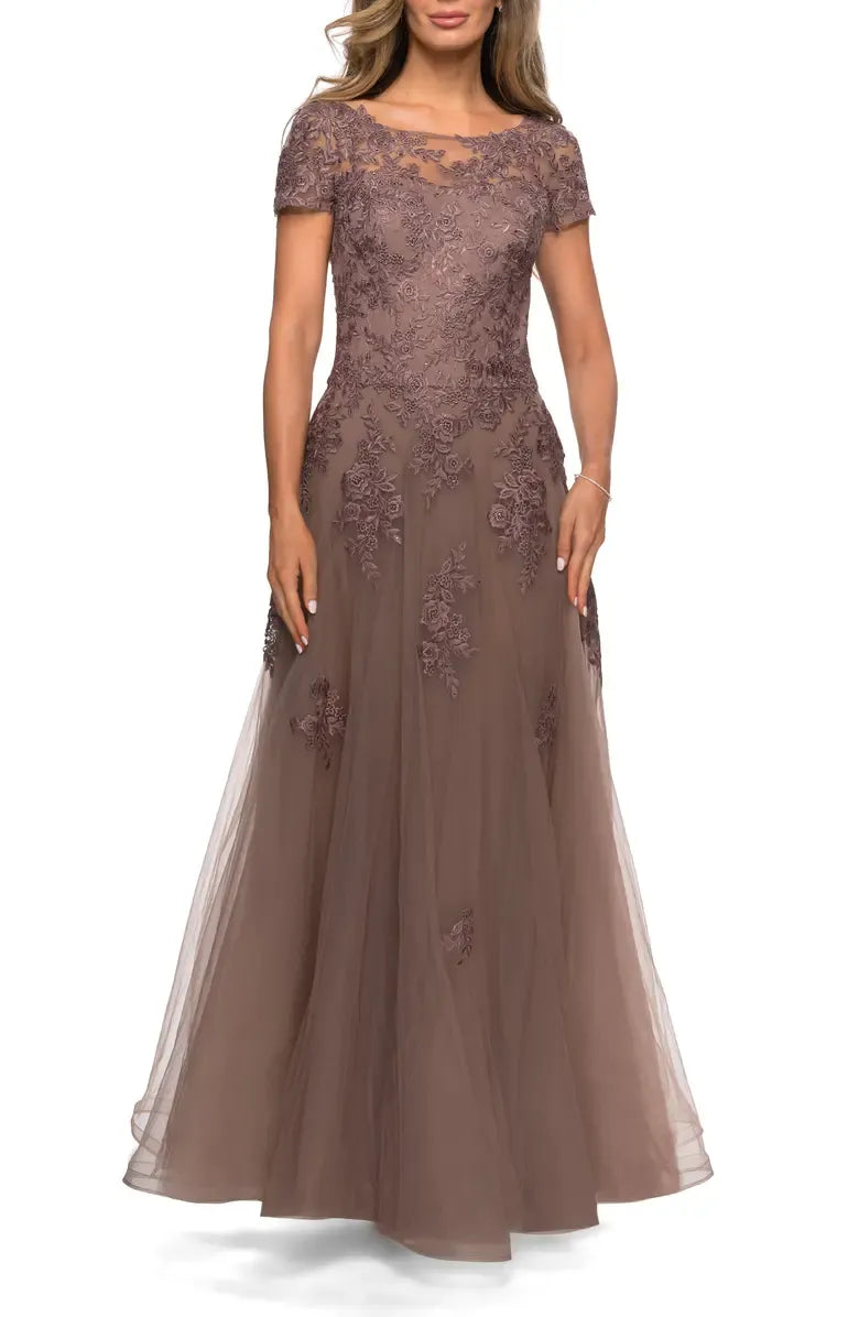 A-Line Scoop Neck Short Sleeve Zipper Up Floor-Length Mother of the Bride Dress