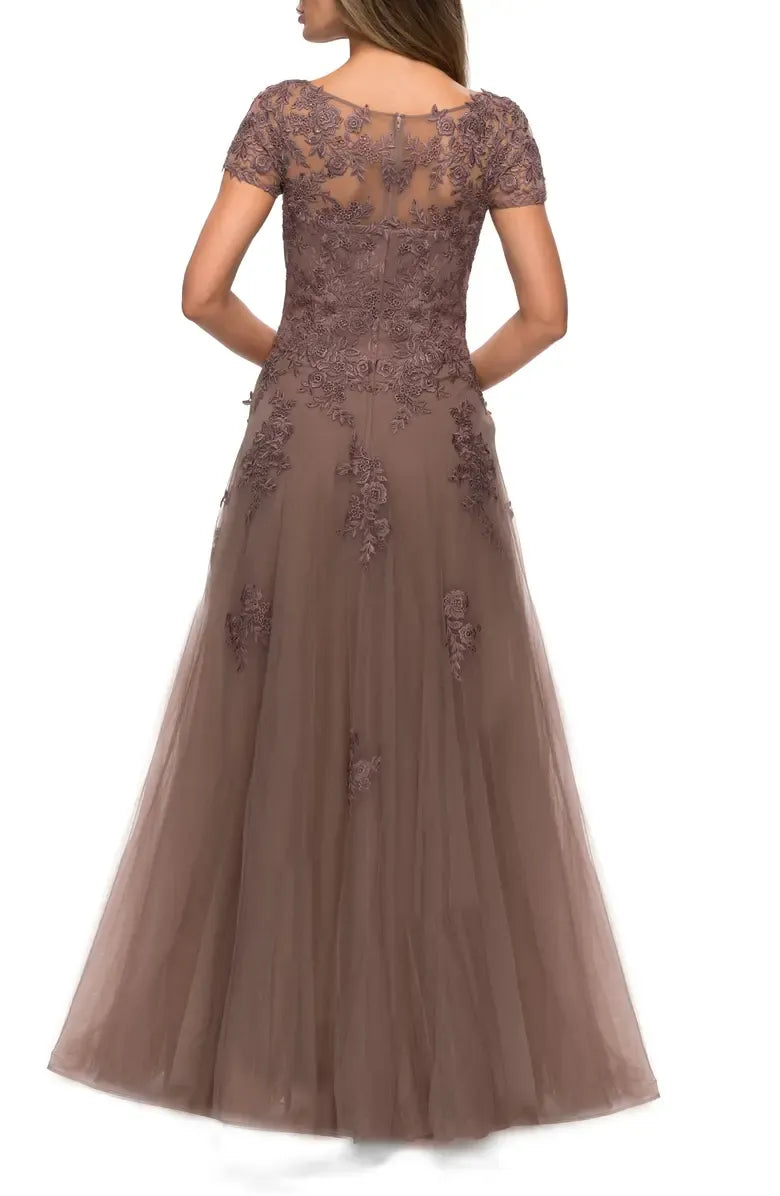 A-Line Scoop Neck Short Sleeve Zipper Up Floor-Length Mother of the Bride Dress