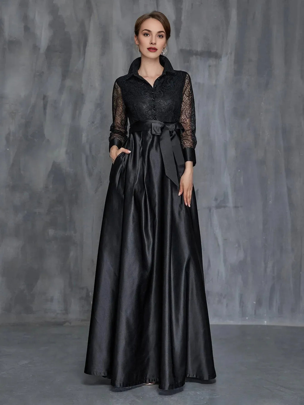 A-Line Shirt Collar Long Sleeve Floor-Length Prom Dress