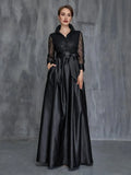 A-Line Shirt Collar Long Sleeve Floor-Length Prom Dress