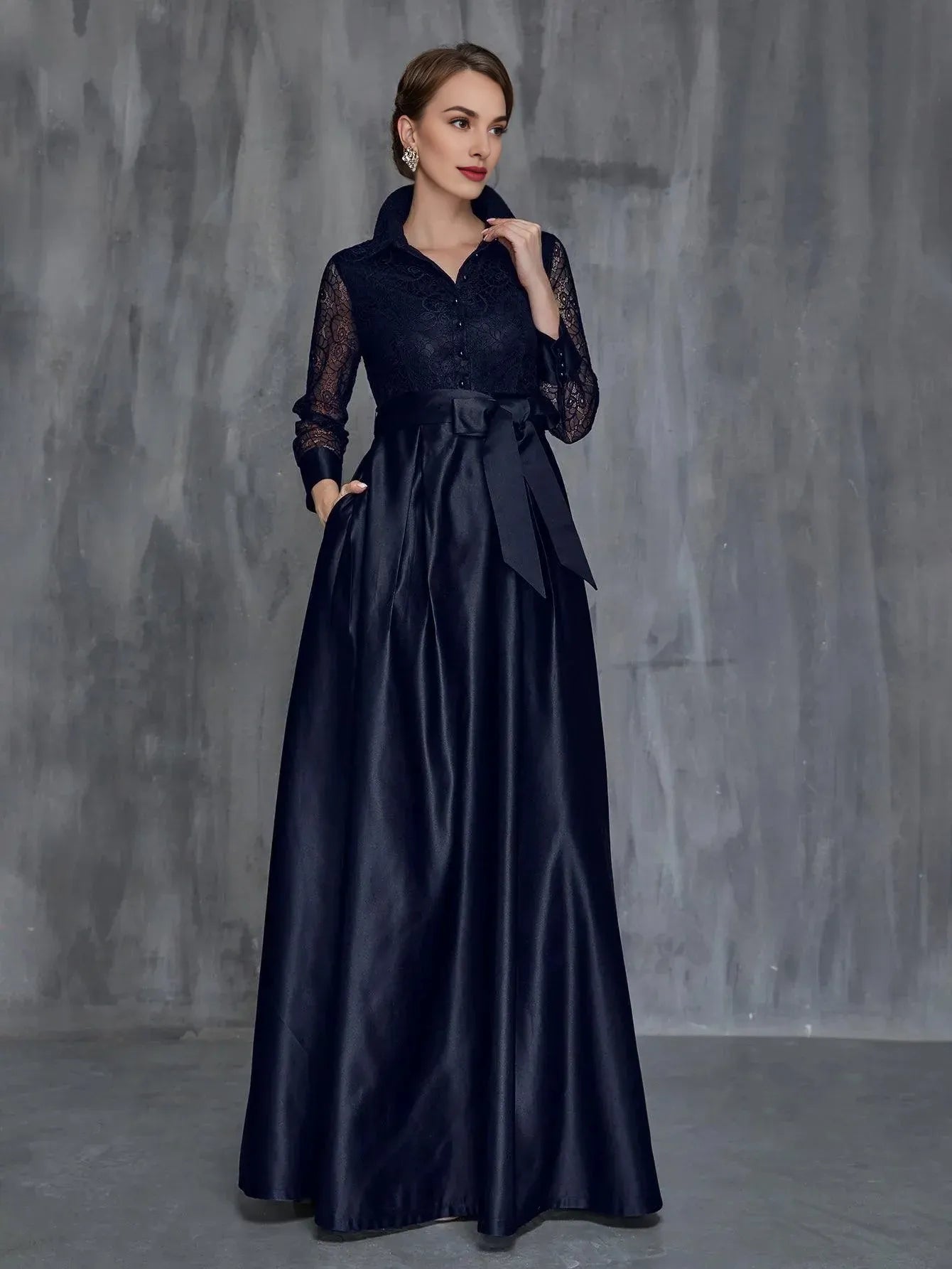 A-Line Shirt Collar Long Sleeve Floor-Length Prom Dress