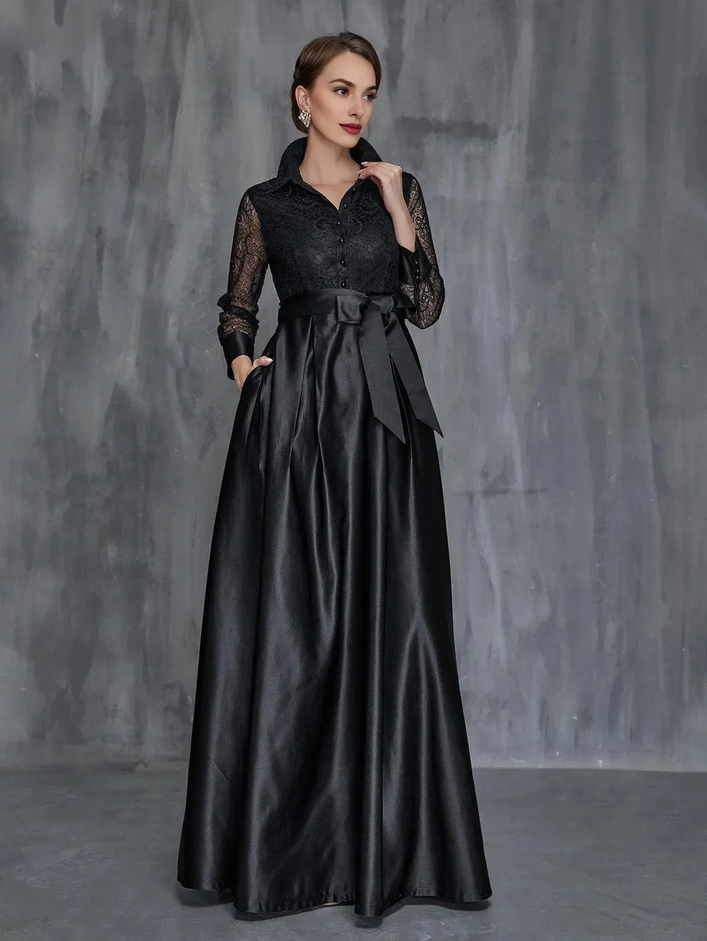 A-Line Shirt Collar Long Sleeve Floor-Length Prom Dress