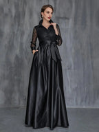 A-Line Shirt Collar Long Sleeve Floor-Length Prom Dress