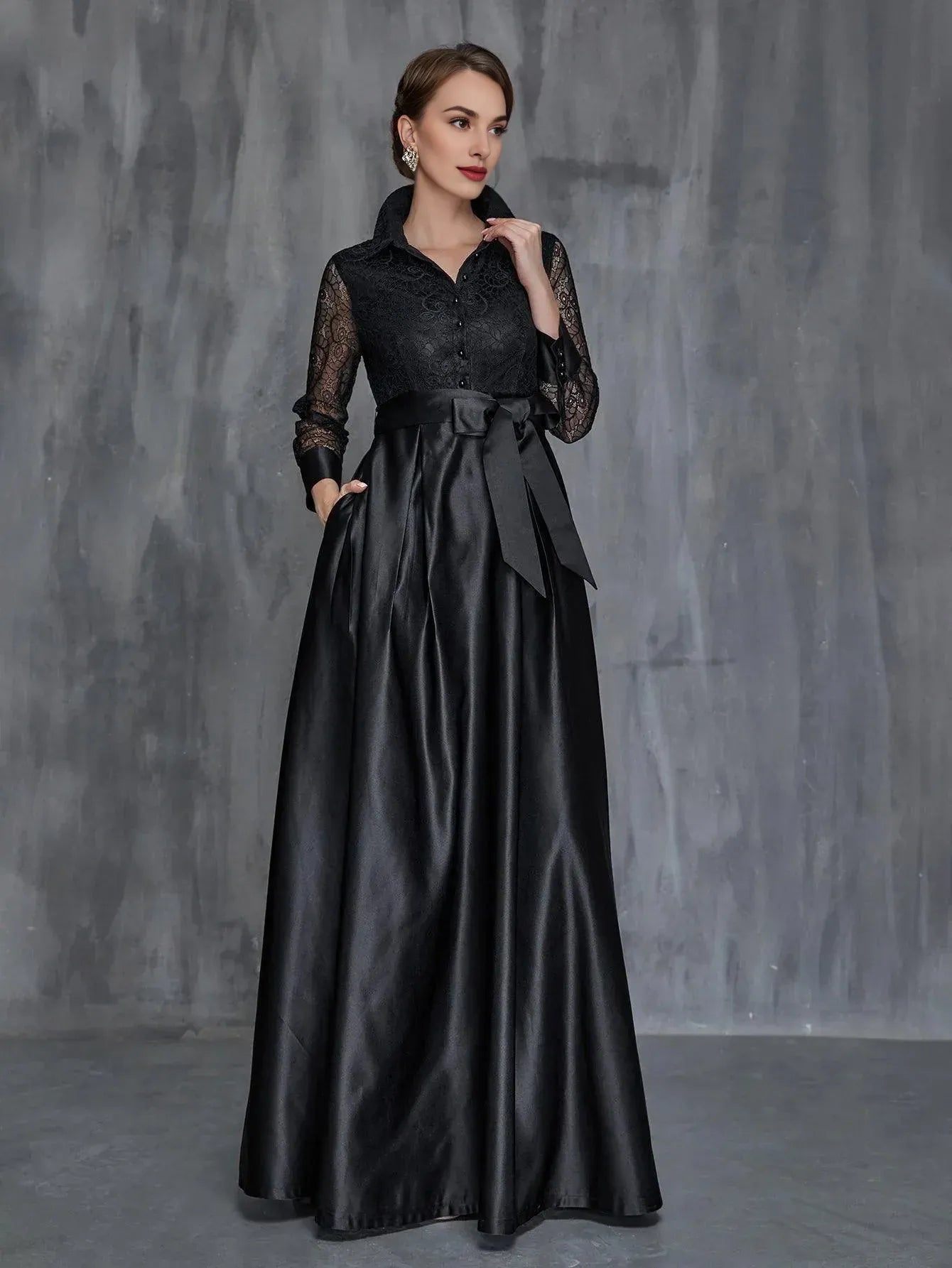 A-Line Shirt Collar Long Sleeve Floor-Length Prom Dress