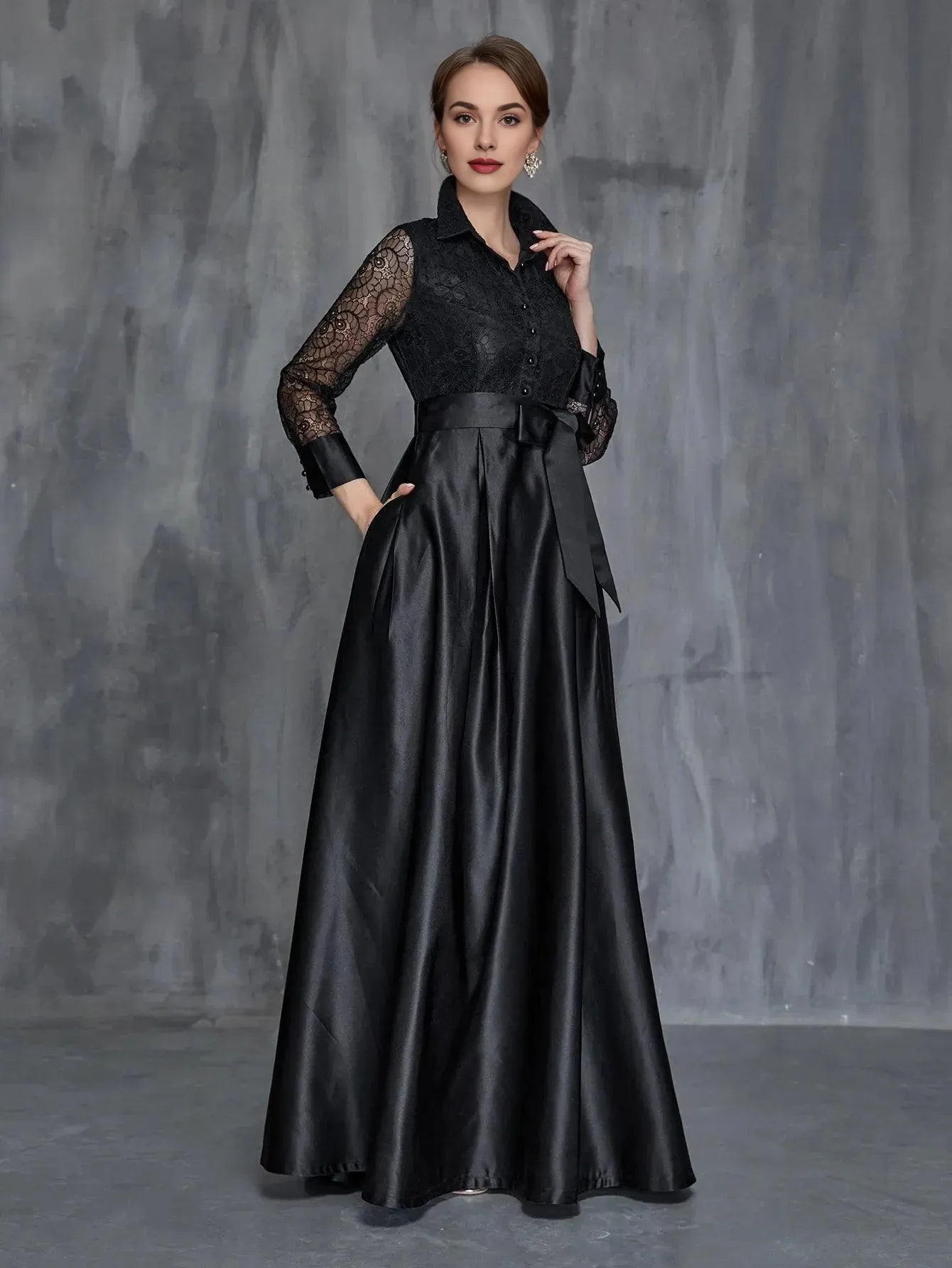 A-Line Shirt Collar Long Sleeve Floor-Length Prom Dress