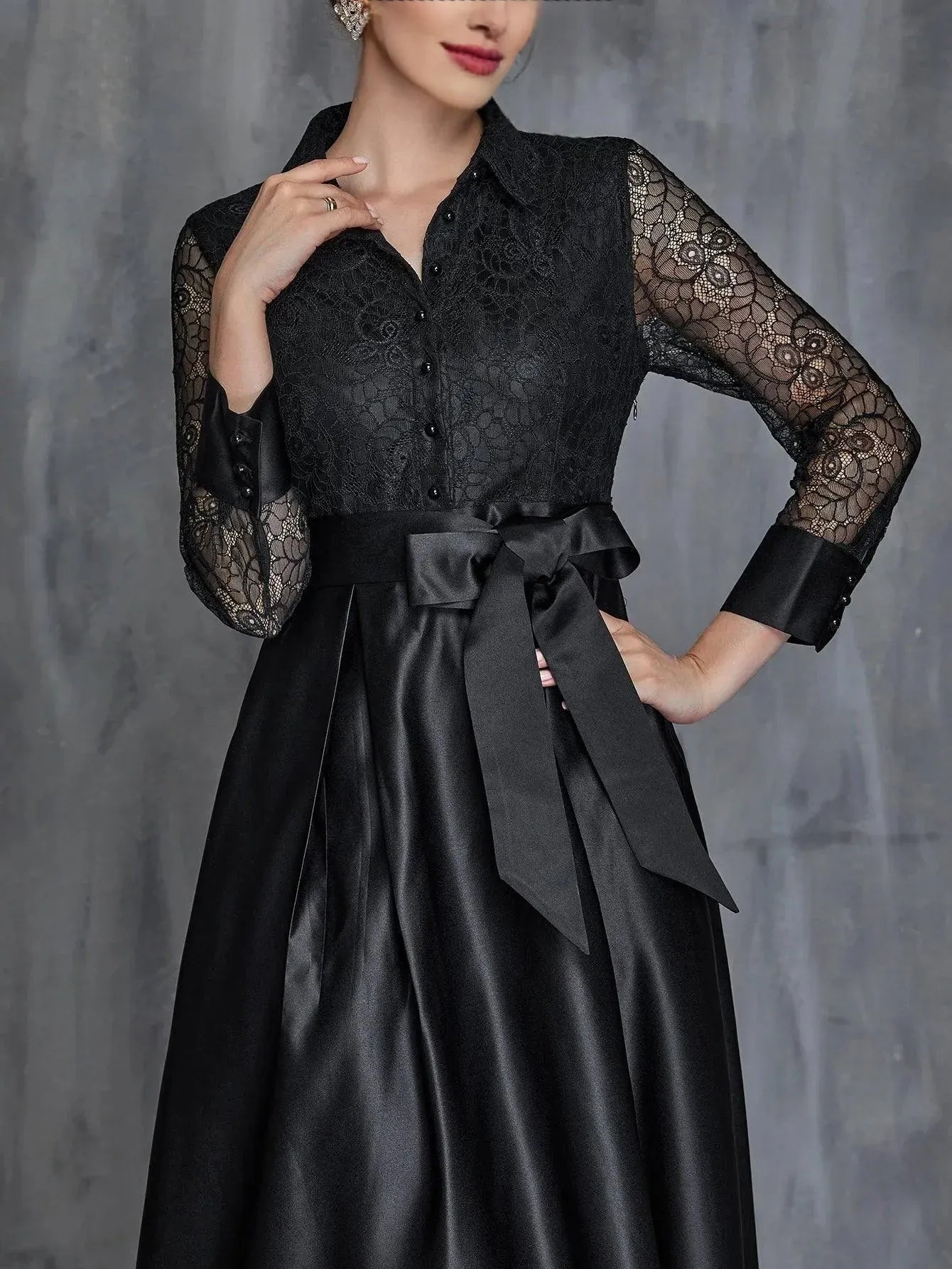 A-Line Shirt Collar Long Sleeve Floor-Length Prom Dress