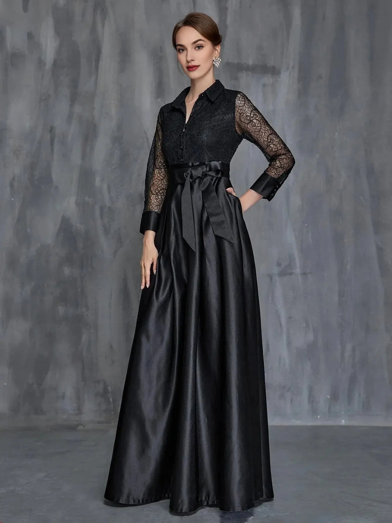 A-Line Shirt Collar Long Sleeve Floor-Length Prom Dress