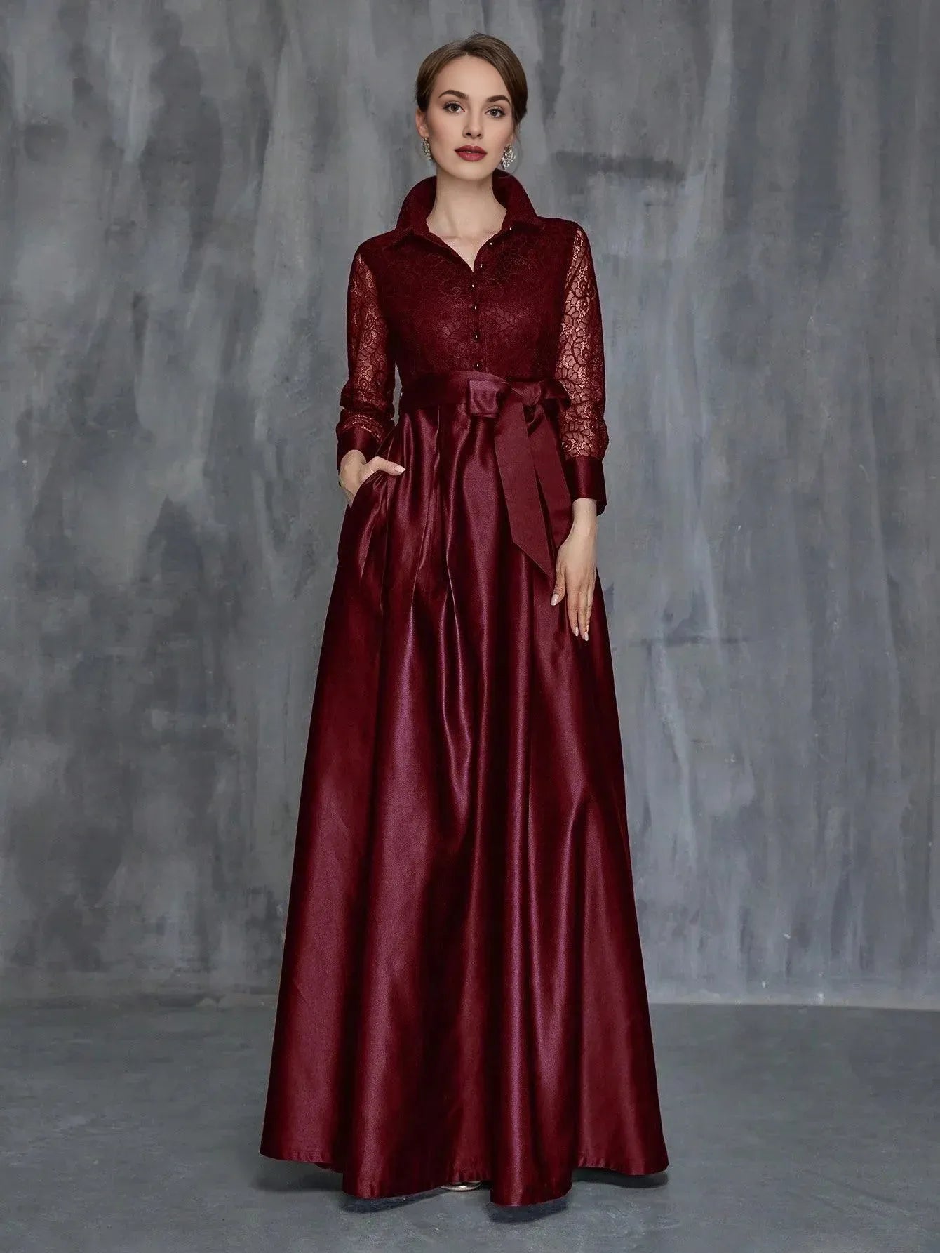 A-Line Shirt Collar Long Sleeve Floor-Length Prom Dress