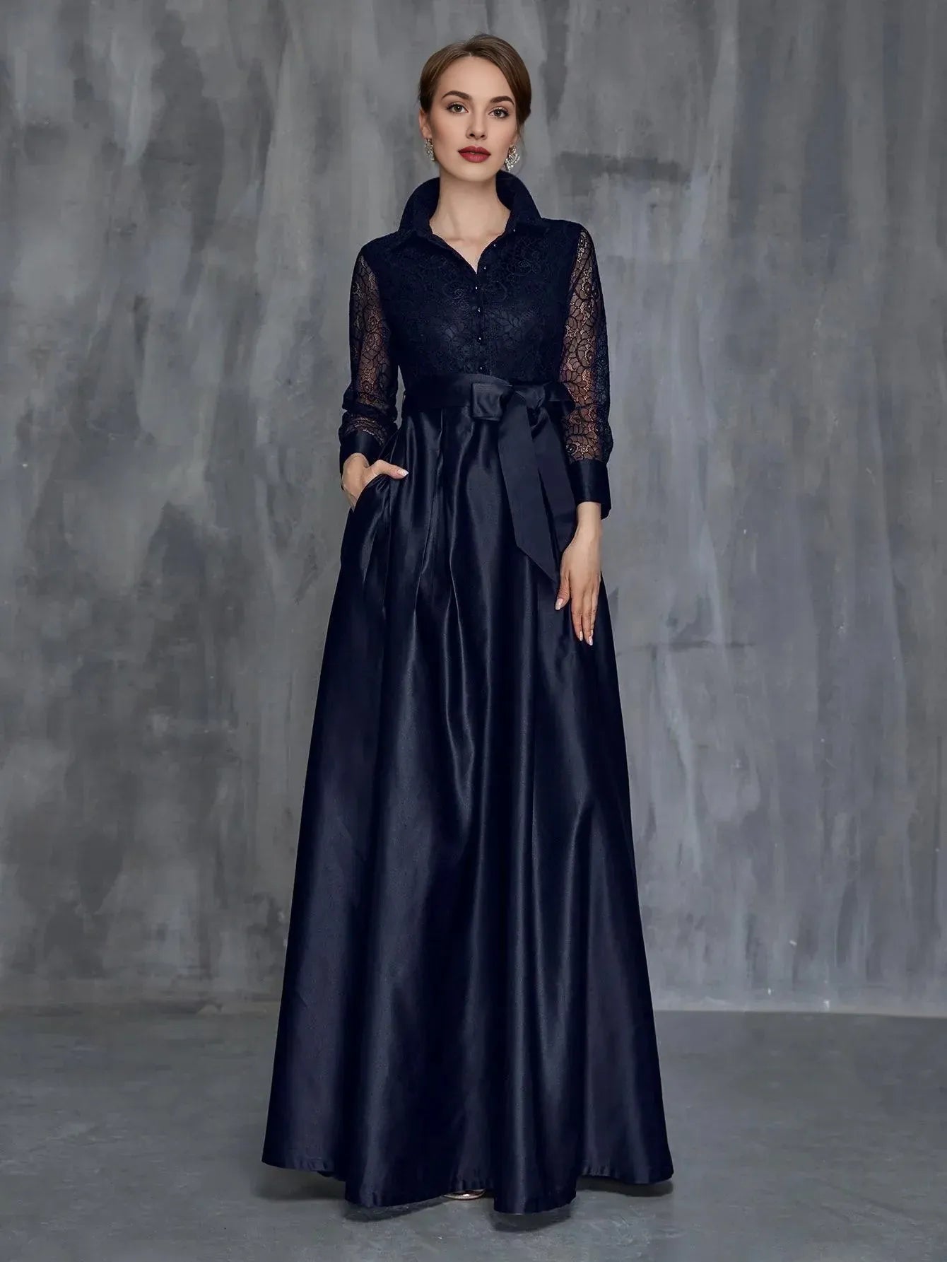 A-Line Shirt Collar Long Sleeve Floor-Length Prom Dress