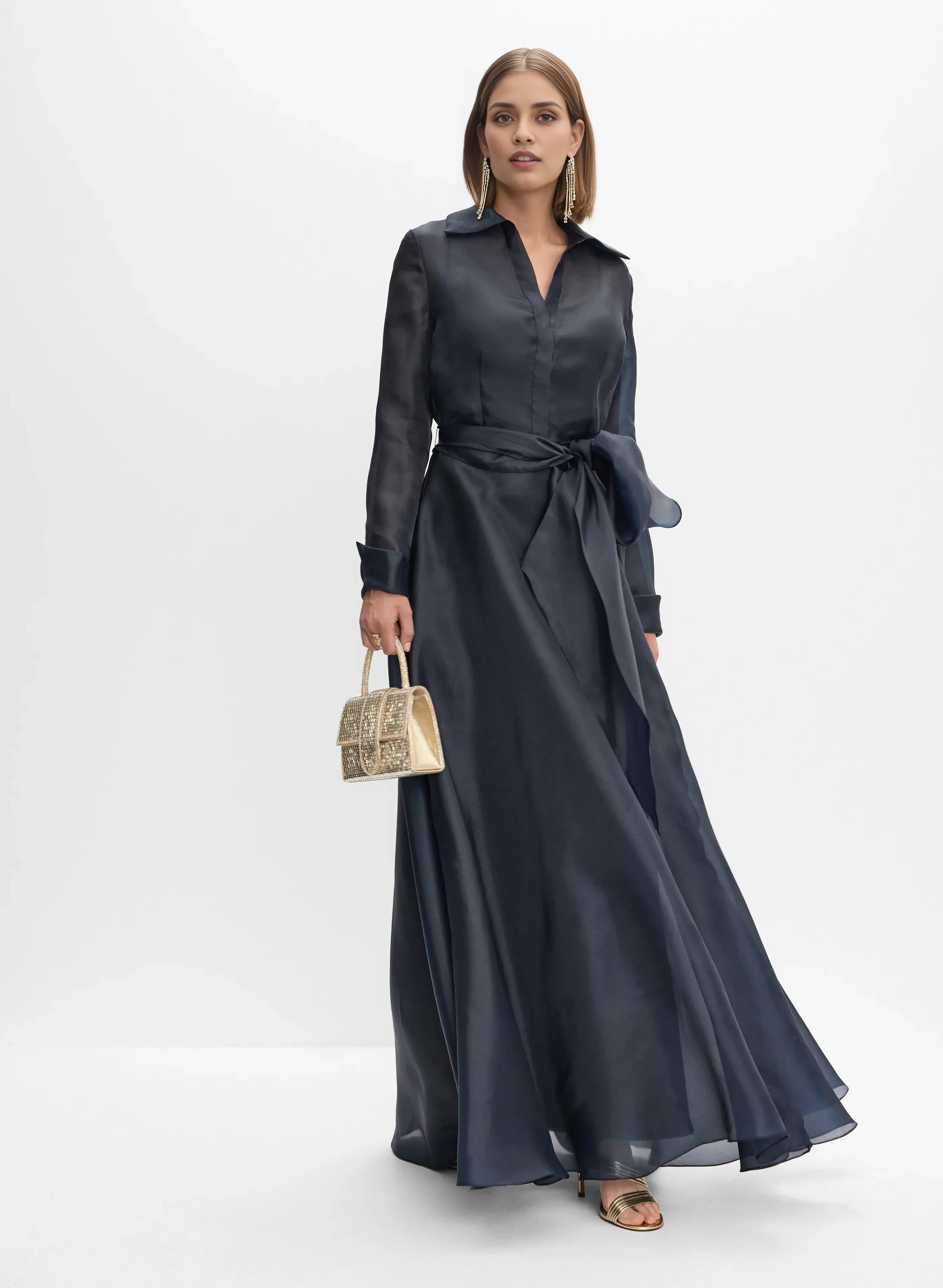 A-Line Shirt Collar Long Sleeve Full Coverage Back Floor-Length Prom Dress