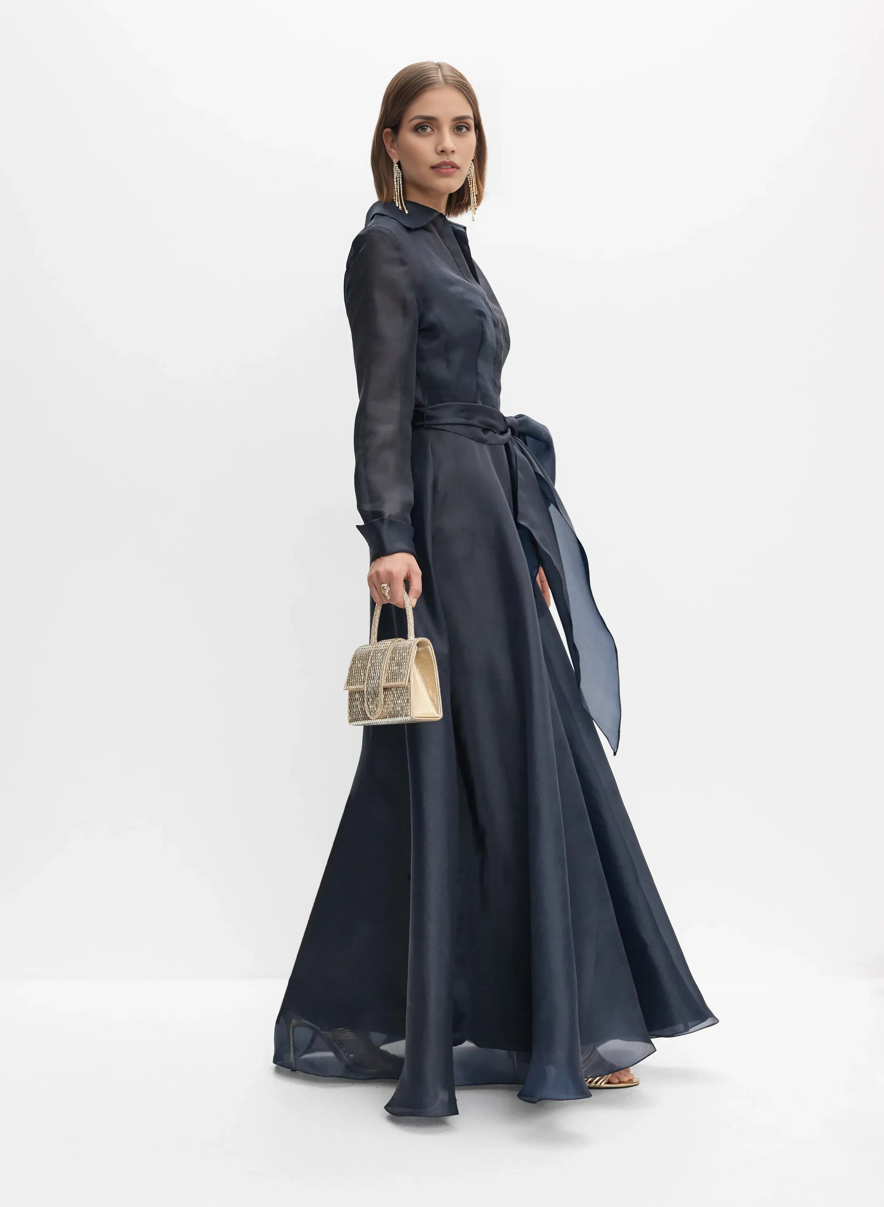 A-Line Shirt Collar Long Sleeve Full Coverage Back Floor-Length Prom Dress