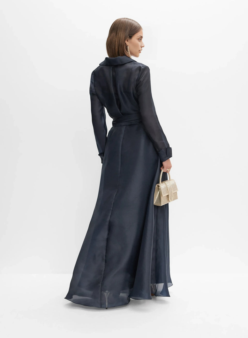 A-Line Shirt Collar Long Sleeve Full Coverage Back Floor-Length Prom Dress