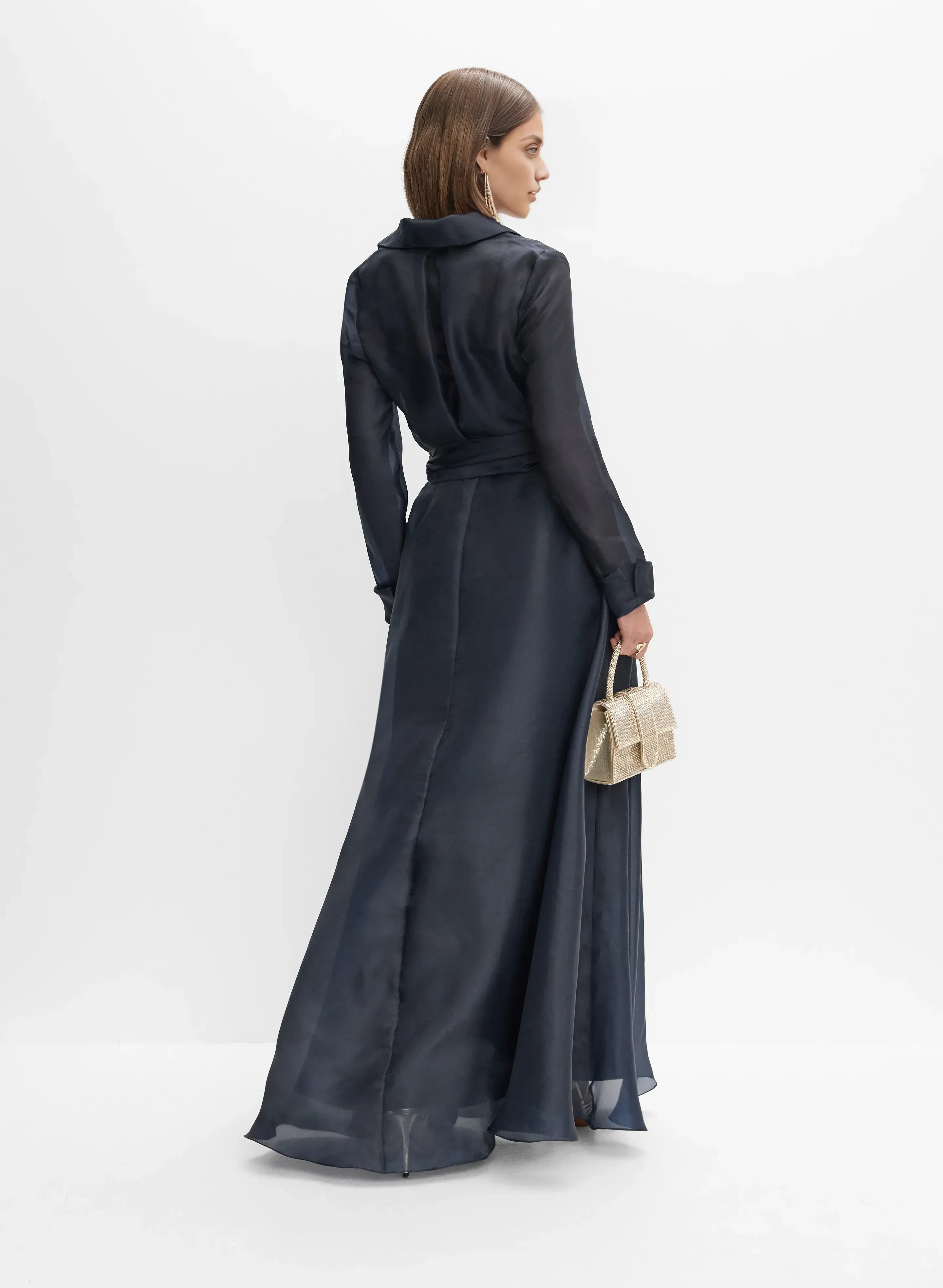 A-Line Shirt Collar Long Sleeve Full Coverage Back Floor-Length Prom Dress