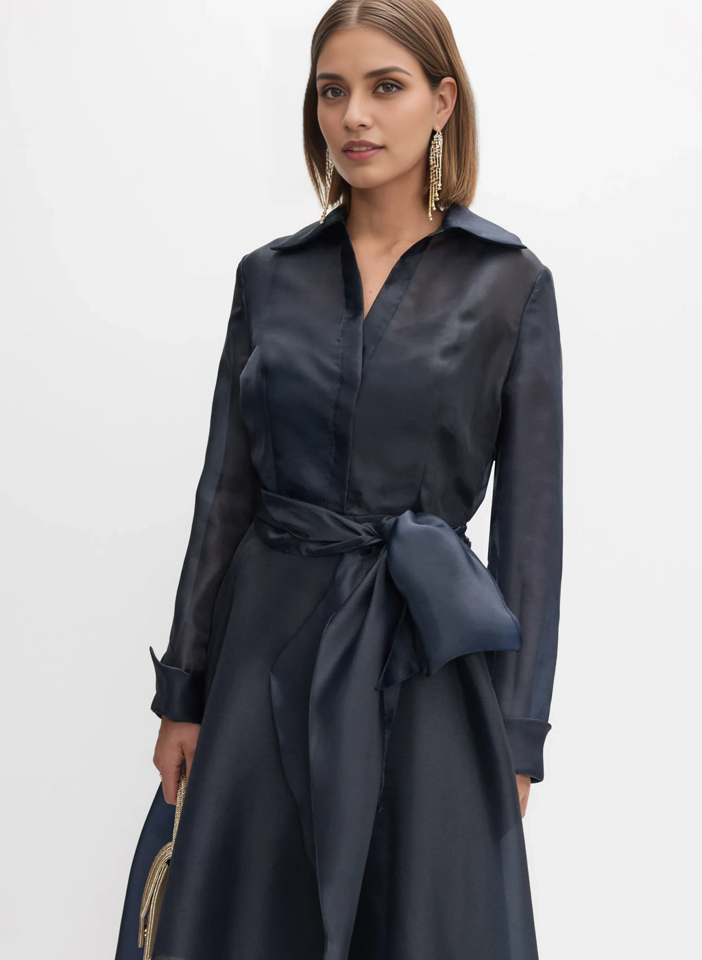 A-Line Shirt Collar Long Sleeve Full Coverage Back Floor-Length Prom Dress