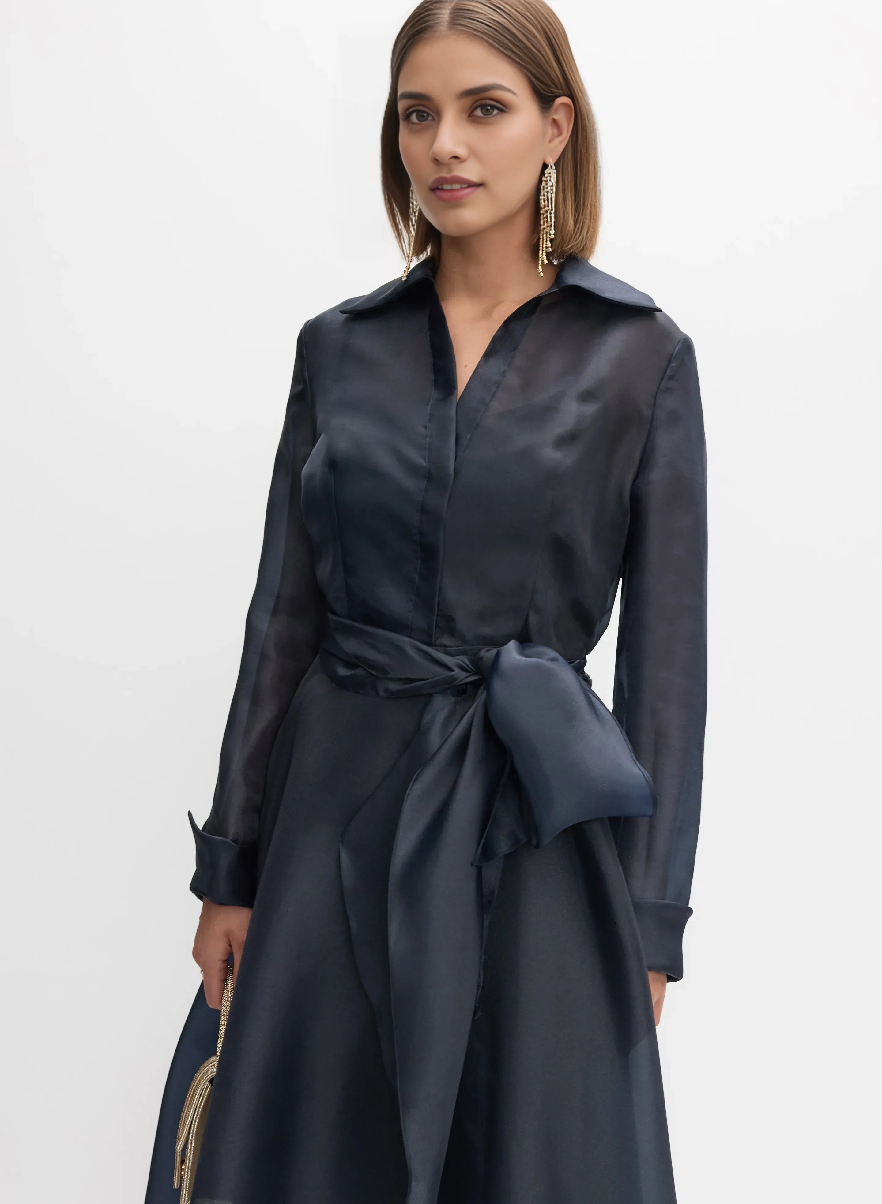 A-Line Shirt Collar Long Sleeve Full Coverage Back Floor-Length Prom Dress