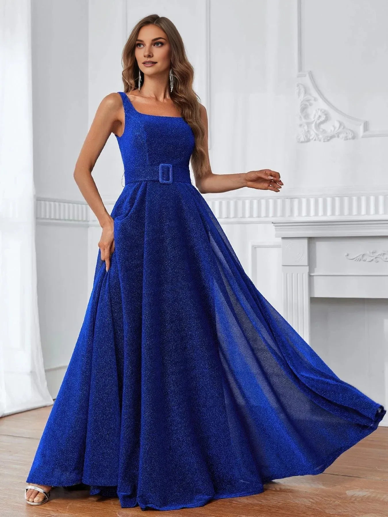 A-Line Square Neck Sleeveless Zipper Up Floor-Length Prom Dress
