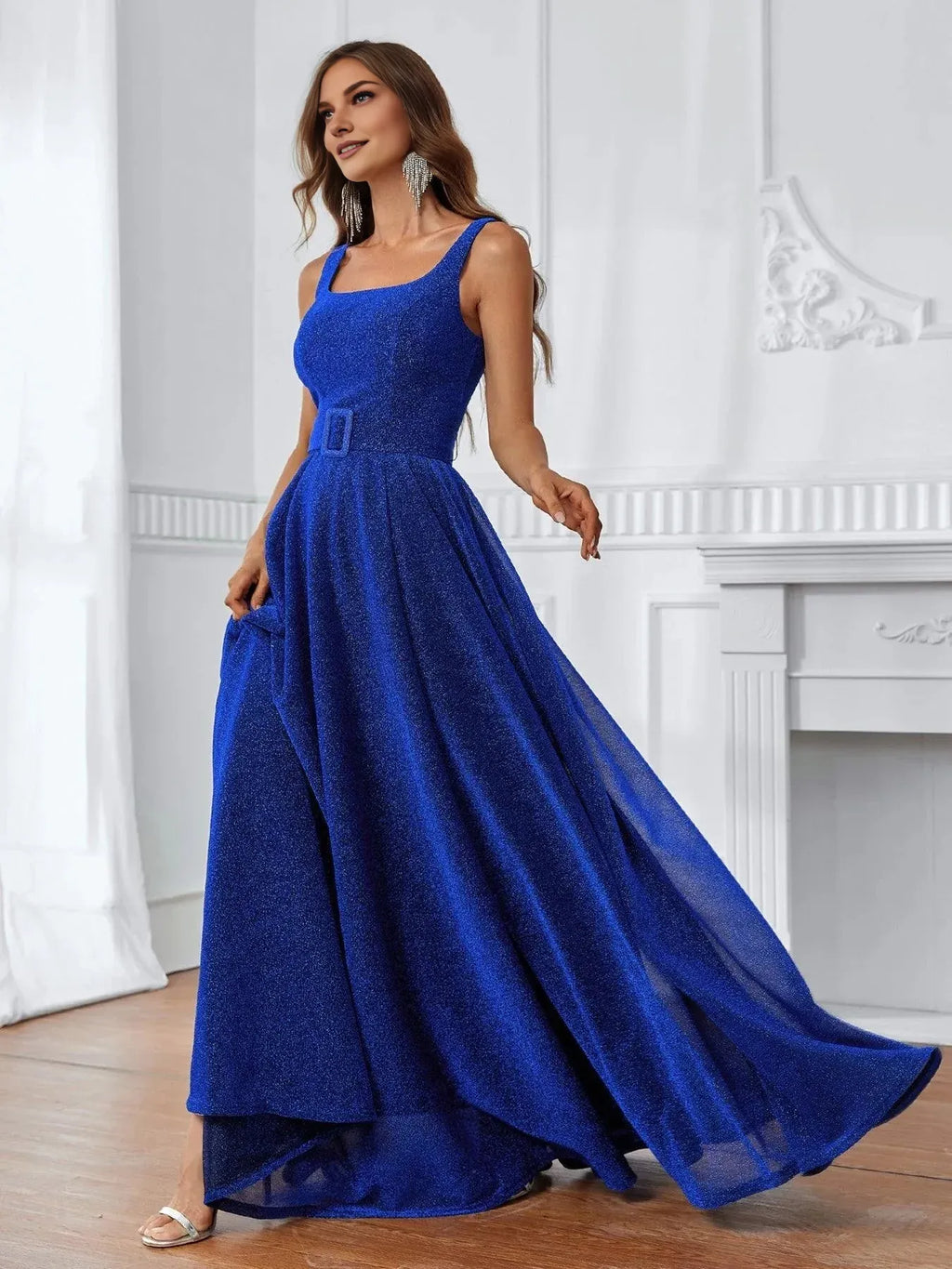 A-Line Square Neck Sleeveless Zipper Up Floor-Length Prom Dress