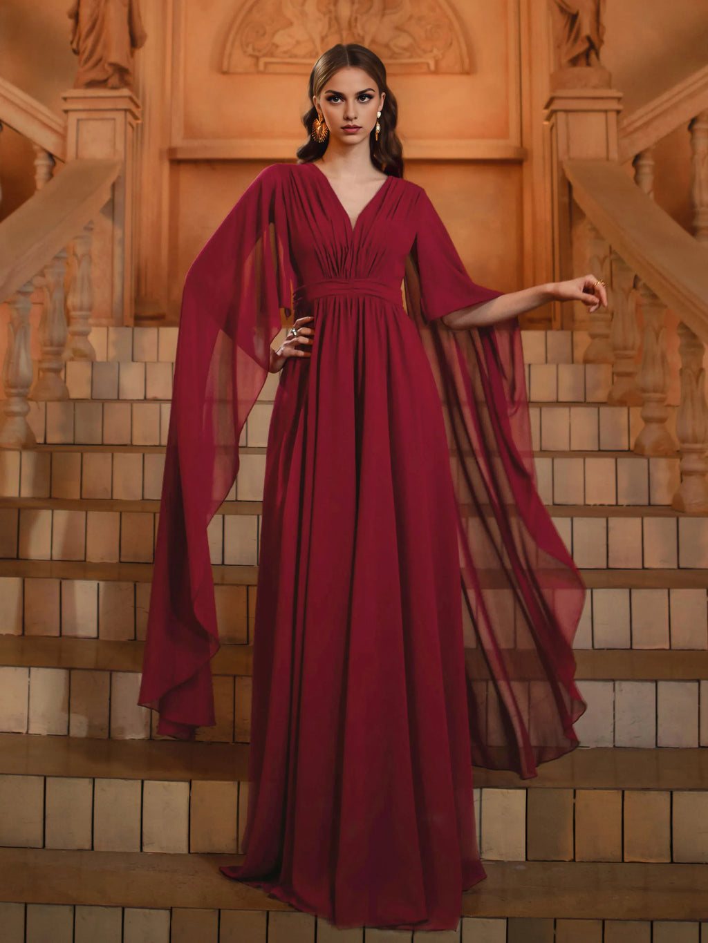 A-Line V-Neck Cape Sleeve Back Zip Floor-Length Prom Dress