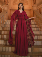 A-Line V-Neck Cape Sleeve Back Zip Floor-Length Prom Dress
