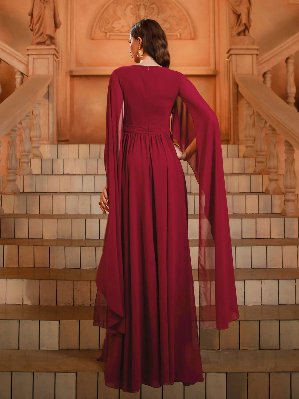 A-Line V-Neck Cape Sleeve Back Zip Floor-Length Prom Dress
