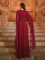 A-Line V-Neck Cape Sleeve Back Zip Floor-Length Prom Dress