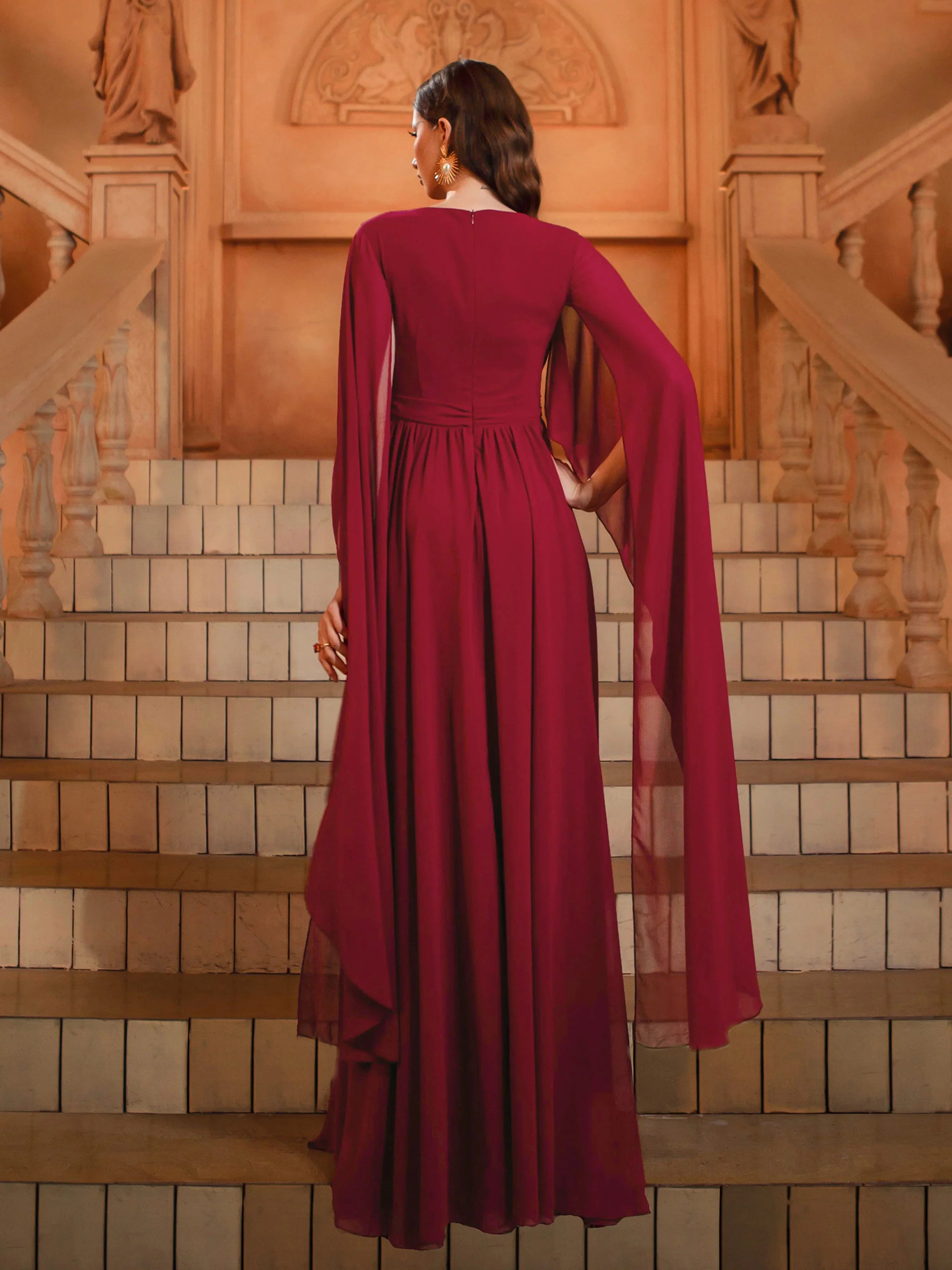 A-Line V-Neck Cape Sleeve Back Zip Floor-Length Prom Dress