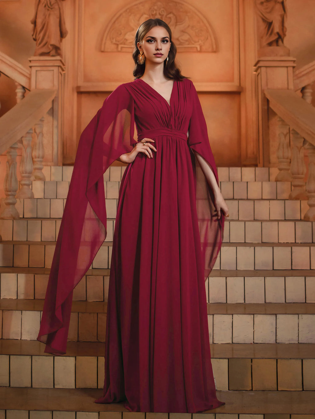 A-Line V-Neck Cape Sleeve Back Zip Floor-Length Prom Dress