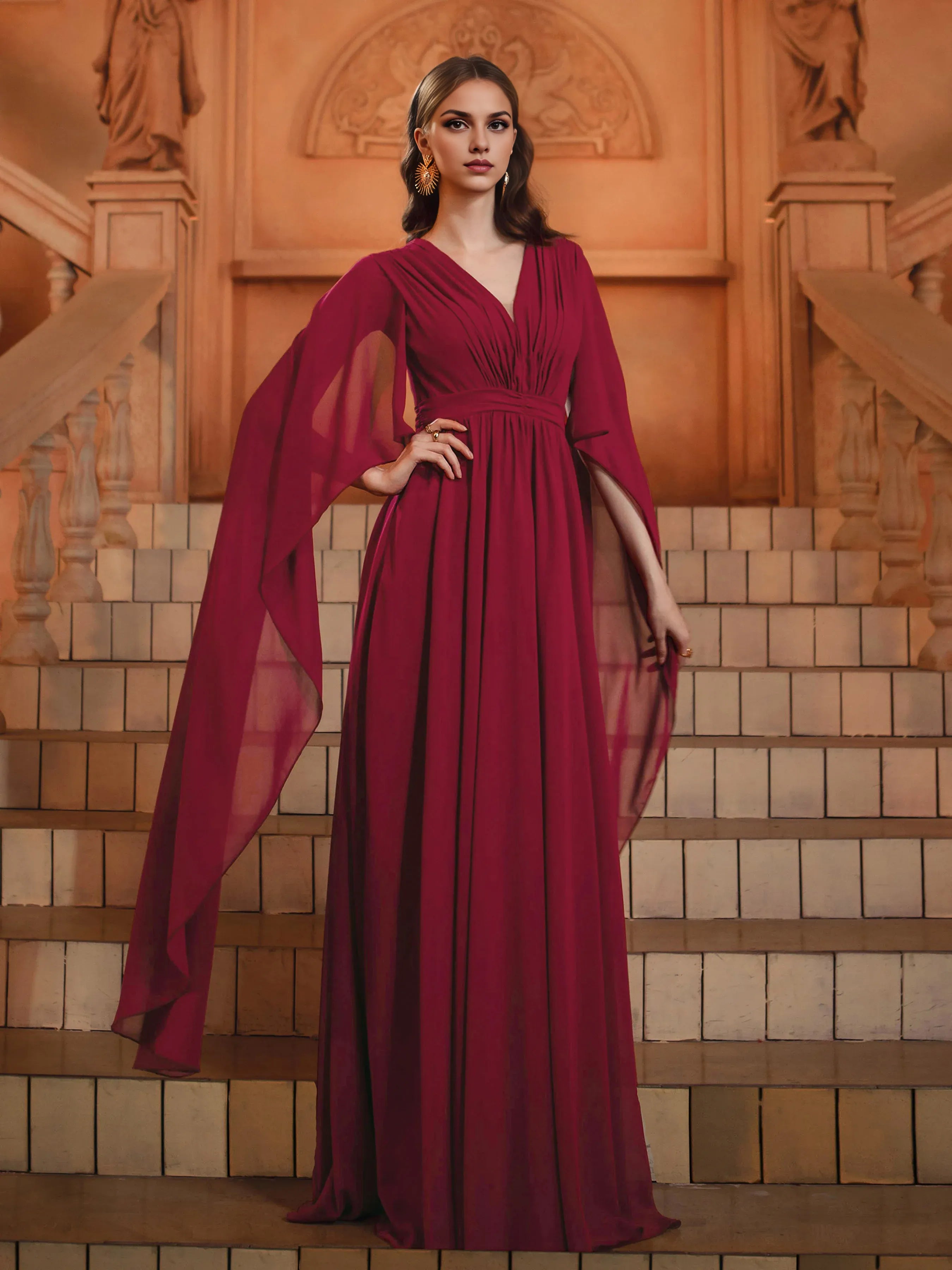 A-Line V-Neck Cape Sleeve Back Zip Floor-Length Prom Dress