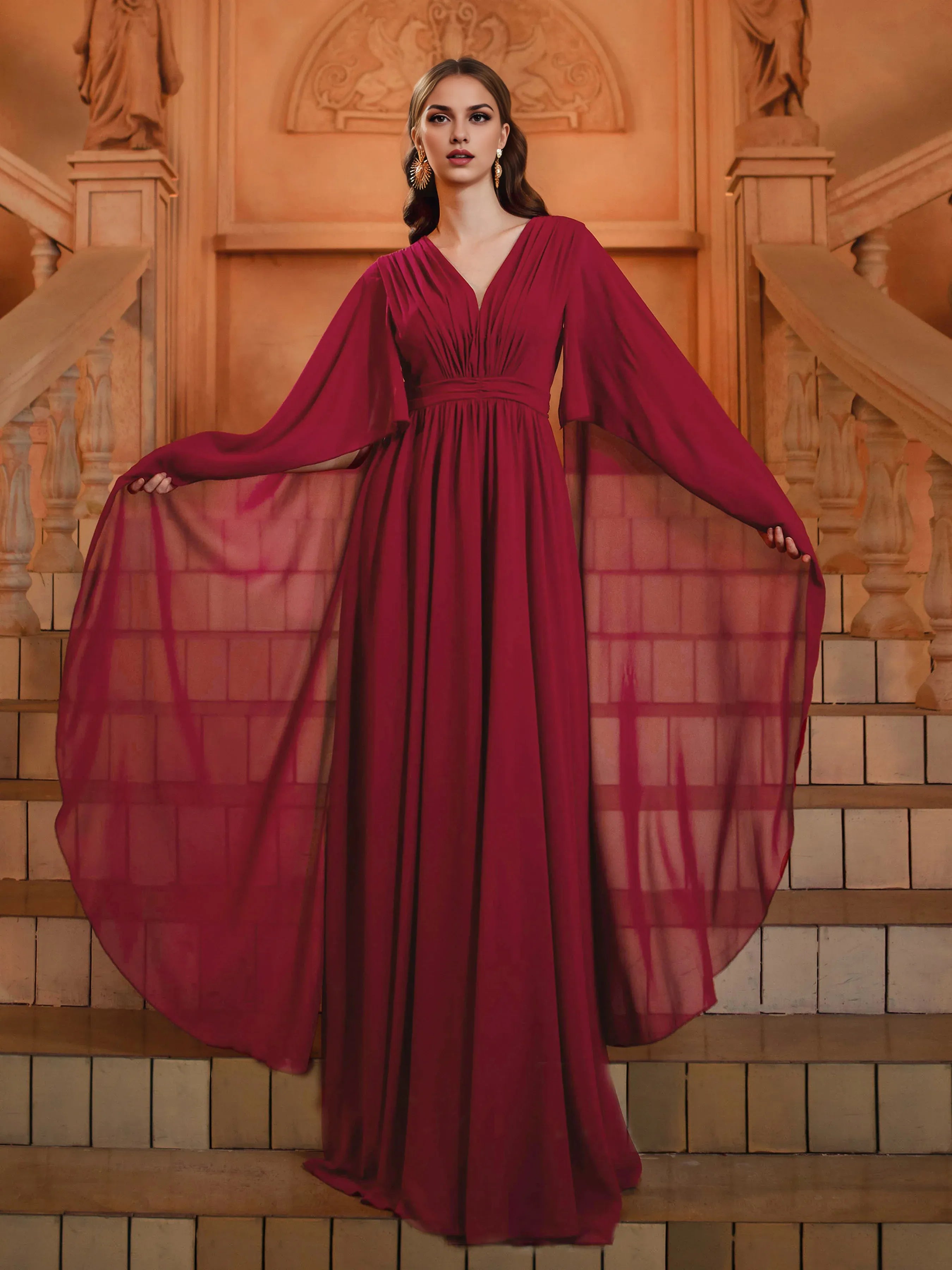 A-Line V-Neck Cape Sleeve Back Zip Floor-Length Prom Dress