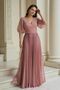 A-Line V-Neck Puff Sleeve Full Coverage Floor-Length Mother of the Bride Dress